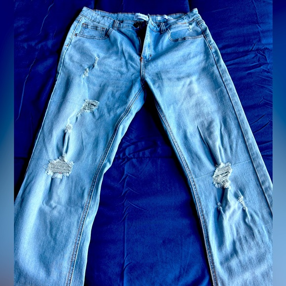 Ring of Fire Light Blue Distressed Straight Leg Jeans - Picture 1 of 3